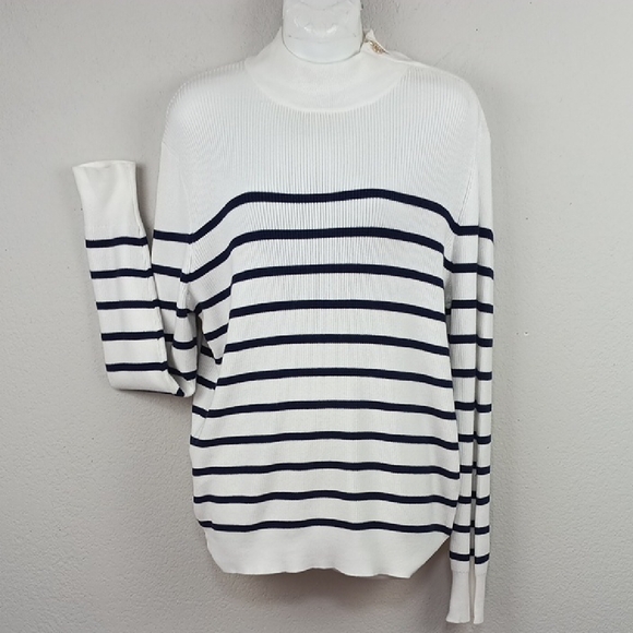 Anne Klein Sweaters - Anne Klein Womens Navy Blue/ White Striped Long Sleeve Knit Sweater sz L